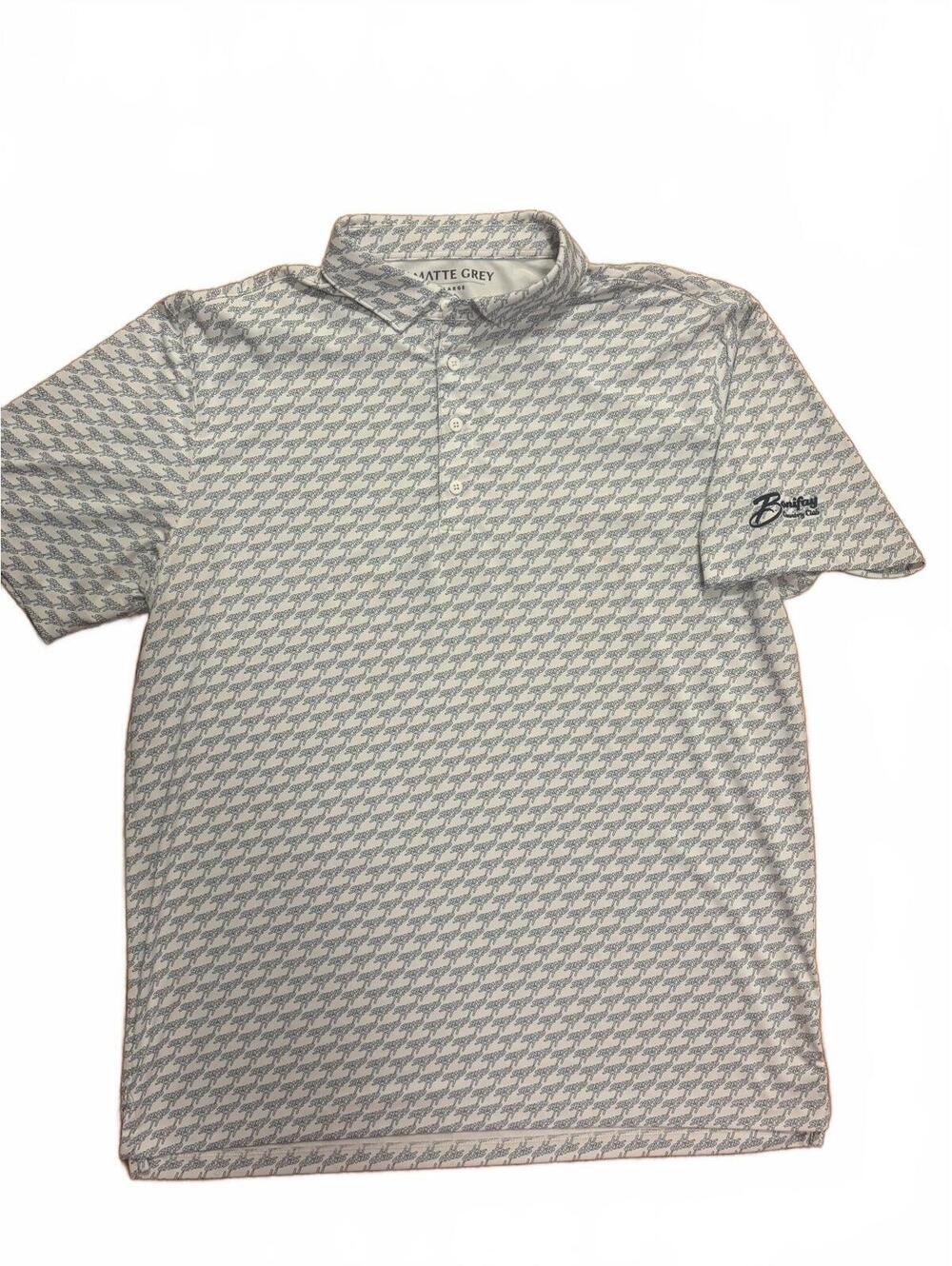 Matte Grey Large White Patterned Polo Shirt with 'Beautiful' Embroidered Logo